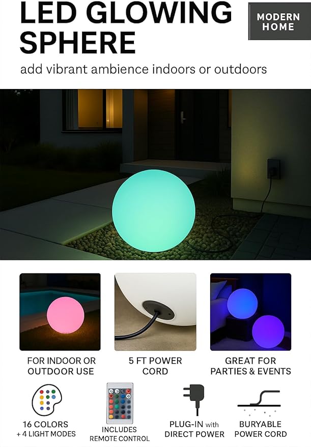 Modern Home Color-Changing LED Glow Ball - 16-Color Remote-Controlled Light Sphere w/Power Cord – Indoor/Outdoor Ambient Mood Lighting, Waterproof, Plug-in (20")