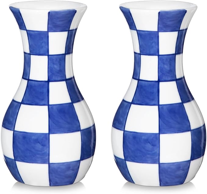 Small Blue and White Vase, 2-Pack 6 Inch Bud Ceramic Flower Vase, Retro Chinoiserie Vases for Fresh Dried Silk Flower Decor Side Table Living Room Bookshelf Antique Grand Millennial - Plain Glazed