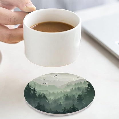 Round-4PCS Forest Drink Coasters,Modern Ceramic Absorbent Coasters, Watercolor Green Forest Flying Birds Nature Mountain Tree Woodland Decor Desk Coffee Table Coaster for Beverage Cup Tea Coasters
