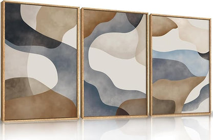 Large Abstract Watercolor Block Framed Canvas Wall Art,Colorful Neutral Geometric Wall Decor,Beige Blue and Brown Artwork,Modern Minimalist Line Art Print for Living Room,Bedroom- 24"x36"x3