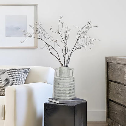 Hollyone Large Vintage Ceramic Vase with 2 Handles, 9.1" Tall Silver-Toned Antique Rustic Decorative Floral Grey Vases for Flowers Home Table Centerpiece Shelf Living Room Entryway Farmhouse Decor