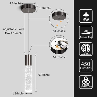 OKELI Modern Pendant Lights,3 Color LED Bubble Crystal Island Light Fixtures,Black Mini Pendant Lighting for Kitchen Island,Bar,6W,3000-6000K,ETL,3 Pack