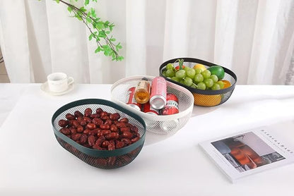 Metal Mesh Steel Basket, Oval Metal Wire Storage Organizer Baskets Multi Functional Kitchen Baskets Countertop Fruit Baskets Garden Harvest Basket for Picnic Decor Cabinet Home, Blackish Green