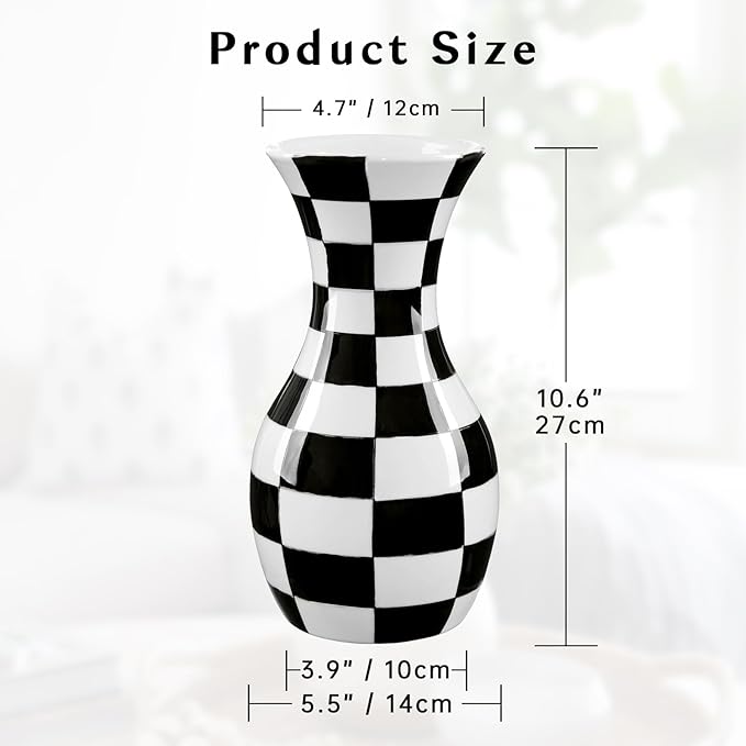 Black and White Ceramic Vase, 11" Tall Black Checkered Vase in Wide Mouth, Large Decorative Flower Vases for Decor Living Room, Table Centerpiece, Dining Room, Entryways, Wedding Decor, Porcelain Vase
