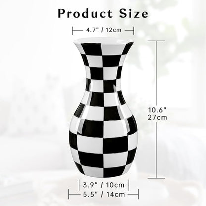 Black and White Ceramic Vase, 11" Tall Black Checkered Vase in Wide Mouth, Large Decorative Flower Vases for Decor Living Room, Table Centerpiece, Dining Room, Entryways, Wedding Decor, Porcelain Vase