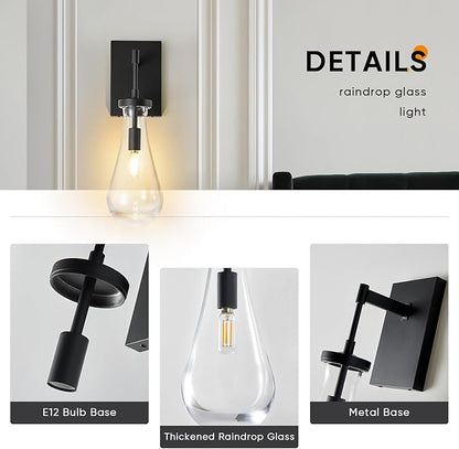 17" L Wall Sconces Set of 2, Black Wall Lights Fixtures Bathroom Vanity Light Modern Raindrop Wall Lamps for Living Room,Bedroom,Hallway,Stairs,Indoor