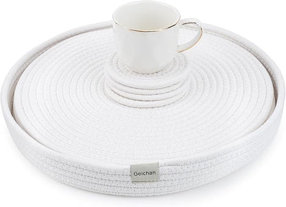Woven Cotton Rope Round Placemats Set of 4 with Holder Included,13" Placemats&4.3" Coasters,White Round Table Mats -Natural Heat Resistant Place mats for Dinner Plates Table Decor