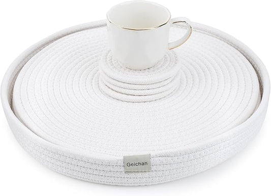 Woven Cotton Rope Round Placemats Set of 4 with Holder Included,13" Placemats&4.3" Coasters,White Round Table Mats -Natural Heat Resistant Place mats for Dinner Plates Table Decor