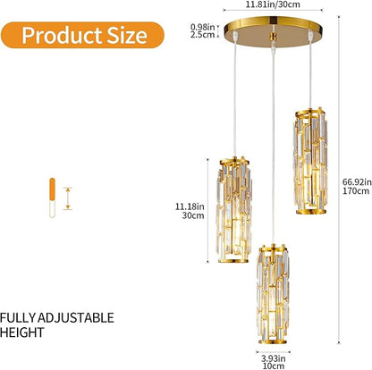 LMQNINE Pendant Lighting Modern Pendant Light, Mini Crystal Chandeliers,Adjustable Pendant Light Fixture for Kitchen Island Dinning Room Bedroom (Gold, 3-Light)