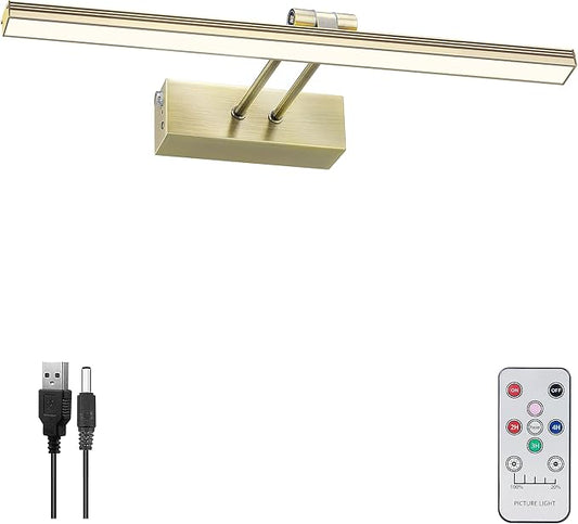 FUNCHDAY Picture Light,Battery Art Lights for Wall,Wireless Remote Painting Light with Timer and Dimmable,13”Metal Display Lighting for Artwork,Portrait,Gallery-Antique Brass