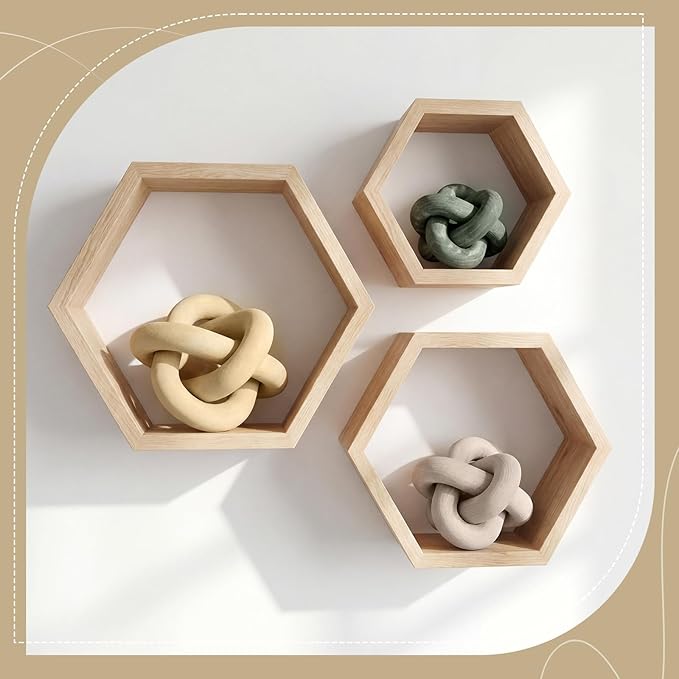 3 Pack Wooden Knot Decorations 3 Color Set Coordinated Boho Nautical Home Decor for Shelf, Wall, Tabletop, Sizes 3.94", 4.72", 5.91"(Multi Light Color)
