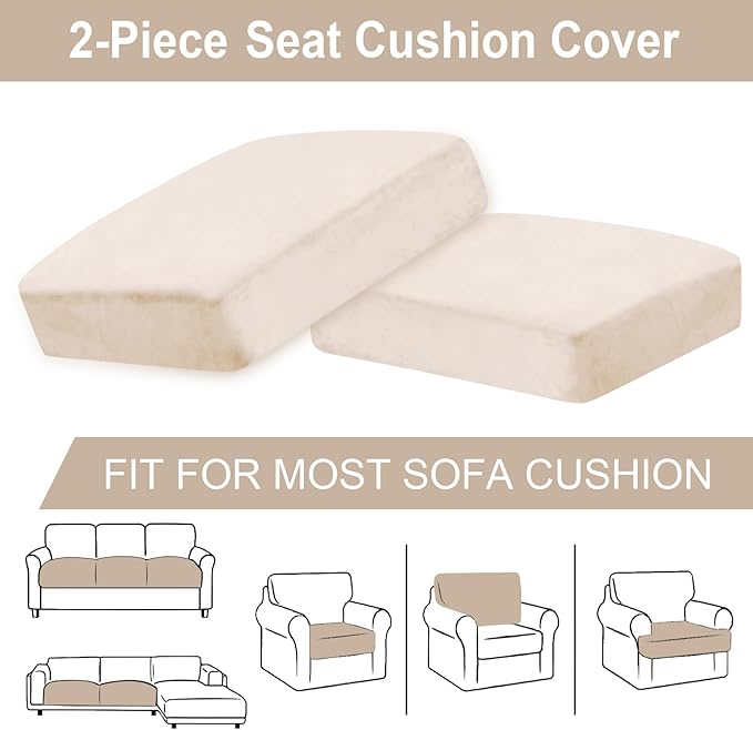 Couch Cushion Cover Velvet 2 Pieces Seat Cushion Cover Stretch LoveSeat Couch Covers Separate Sectional Sofa Slipcovers Furniture Protector (2-Seater or Backrest, Beige)
