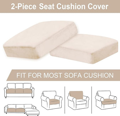 Couch Cushion Cover Velvet 2 Pieces Seat Cushion Cover Stretch LoveSeat Couch Covers Separate Sectional Sofa Slipcovers Furniture Protector (2-Seater or Backrest, Beige)