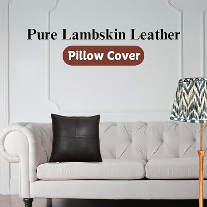 Lambskin Leather Pillow Cover - Sofa Cushion Case - Decorative Throw Covers for Living Room & Bedroom, 14x14 Inches - Black Box Pack of 1