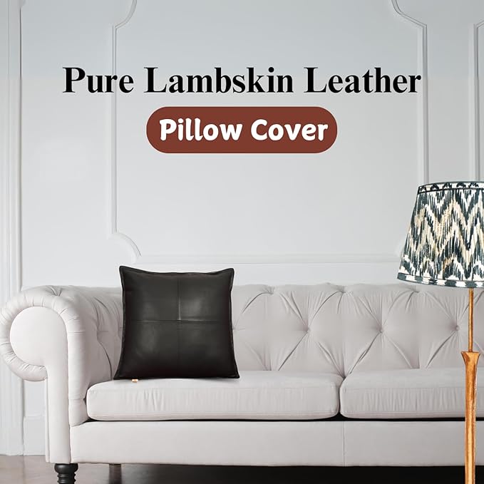 Lambskin Leather Pillow Cover - Sofa Cushion Case - Decorative Throw Covers for Living Room & Bedroom, 16x16 Inches - Black Box Pack of 2