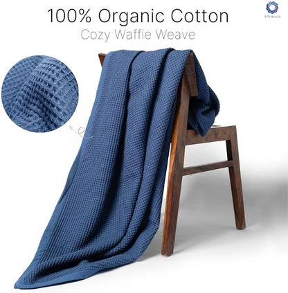 GOTS Certified Organic Cotton Waffle Weave Blanket, Twin Bed Size, 66"X90"Cozy Throw Blanket for Couch, Modern Home Decor, Throw Blankets,Comfy Waffle Blanket Soft Bed Blankets -Navy Blue