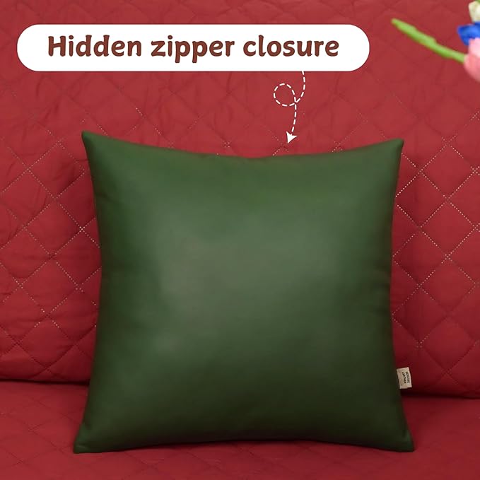 Lambskin Leather Pillow Cover, Hand Panel Stitched Leather Decorative Throw Pillow Covers for Couch Sofa Bed Living Room Garden (18x18 Inches, Dark Green Pack of 1)