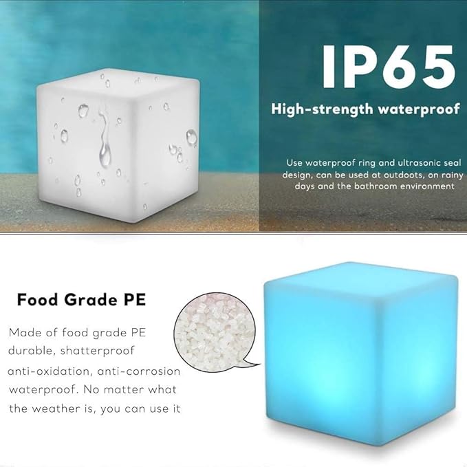 8-inch Waterproof LED Light Cube, USB Rechargeable Mood Light, 16 RGB Colors Changing Night Lights with Remote, Nursery Glow Kid Stool for Kids Room, Bedroom & Outdoor Decor