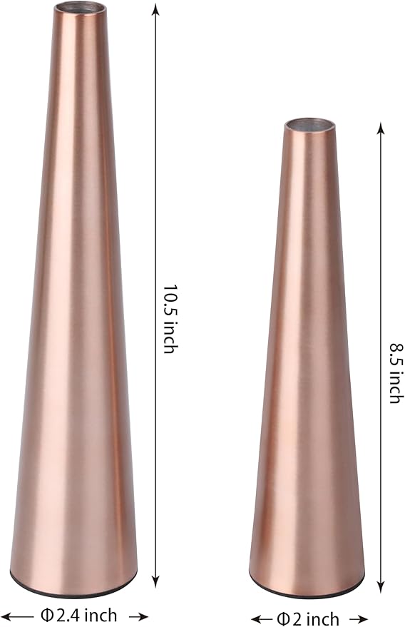 Vixdonos 10.5/8.5 inch Gold Metal Vase Small Dried Flower Vase Set of 2 Taper Vase for Wedding Table Centerpiece Decorations, Home Decor (Rose Gold)