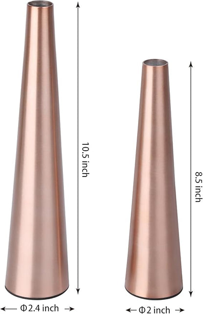 Vixdonos 10.5/8.5 inch Gold Metal Vase Small Dried Flower Vase Set of 2 Taper Vase for Wedding Table Centerpiece Decorations, Home Decor (Rose Gold)