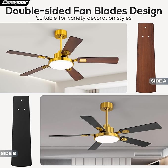 52 Inch Ceiling Fans with Lights and Remote for Bedroom Living Room Kitchen Office, Indoor/Outdoor Use, 5CCT Dimmable, 5 Blades, 6 Speed Reversible Quiet DC Motor, Gold/Wood Grain