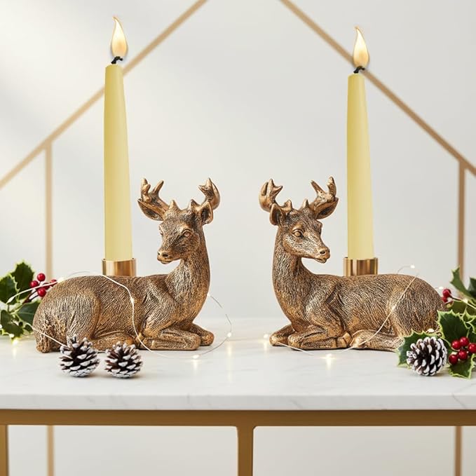 Gold Animal Candle Holders - Deer Set of 2 Vintage Rustic Pedestal Candlesticks,Holiday & Themed Decor, Easter Decorations, Centerpieces for Fireplace Mantle & Dining Table