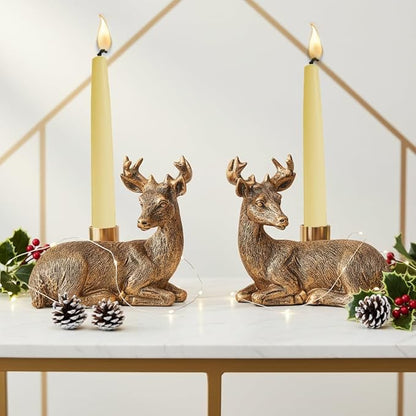 Gold Animal Candle Holders - Deer Set of 2 Vintage Rustic Pedestal Candlesticks,Holiday & Themed Decor, Easter Decorations, Centerpieces for Fireplace Mantle & Dining Table