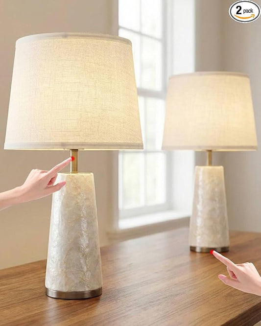 Coastal Table Lamps for Bedroom Nightstand Set of 2, Touch Control Ocean Beach Nautical Seashell Lamp, Modern Sea Shell Bedside Night Stands Light for Beachy Cottage Farmhouse Decor (Silver)