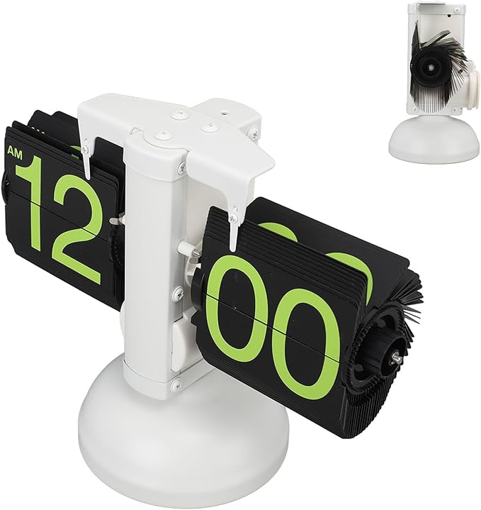 FOSA Flip Clock Retro Mechanical Digital Minimalist 12H Battery Operated Stainless Steel Desk Clock for Home Office Living Room (White Frame Green Number)