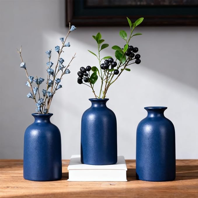 Blue Ceramic Bud Vases Set of 6 – 5 in Small Vases for Dried Flowers or House Plants, Modern Boho Decorative Vases for Wedding, Home, Table Centerpieces, Mantel or Office Decor
