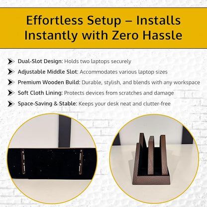 Dual Laptop Holder Vertical Stand 2 Slots Wooden - Dark Brown (Walnut Color) - Vertical Holder for Desk, MacBook Pro & Air, Desktop Organizer Made of Natural Wood, Adjustable Stand for Notebooks