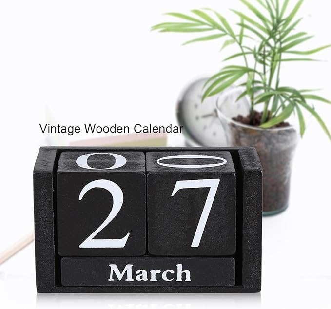 Wood Blocks Calendar, Wooden Desk Perpetual Calendar Vintage Month Date Number Display Cubes Wood Black Rustic Cute Decoration Calendar for Home Desktop Room Office Farmhouse