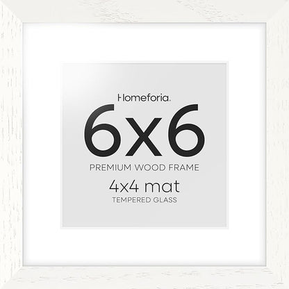 Homeforia 6x6 Picture Frames White, High-End Oak 6 x 6 Square Wood Frame with Mat 4 by 4 inch Photo, 6x6 Wooden Frame Matted to 4x4 Art, 6by6 Wall or Tabletop Frames, Tempered Glass, Wall Kit, Set of 1
