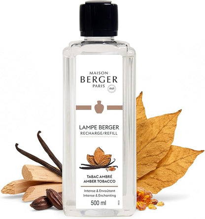 MAISON BERGER Amber Tobacco Lampe Berger Refill, 500 ml (16.9 fl oz), Odor-Neutralizing Home Fragrance Oil Lamps, Black Pepper, Apple, Patchouli, Cedarwood, Amber, Made in France