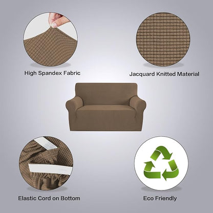 H.VERSAILTEX Stretch Couch Cover Loveseat Covers for 2 Cushion Couch Sofa Slipcover for Love Seat 1 Piece with Elastic Bottom, Checked Jacquard Fabric(Loveseat 58"-70" Wide, Macchiato)