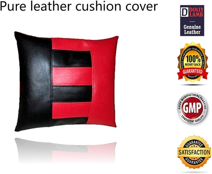 D DOLLY LAMB Lambskin Leather Pillow Cover - Sofa Cushion Case - Decorative Throw Covers for Living Room & Bedroom, 14x14 Inches - Red Black 02 Pack of 2