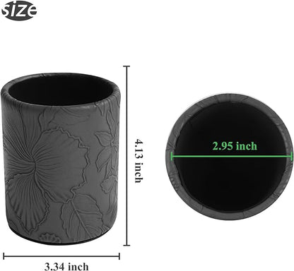 PU Leather Pen Holder Round Flash Makeup Brush Holder Desktop Pencil Storage Holder Gift for Desk Office Classroom Home(1-Carved Black)