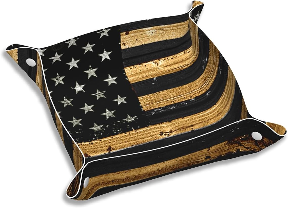 Valet Tray for Men Husband Boyfriend Boys – Catchall Bedside Vanity Tray, Nightstand Caddy Leather Holder for Keys, Phone, Wallet, Coins, Trinkets & Jewelry Wood American Flag 023