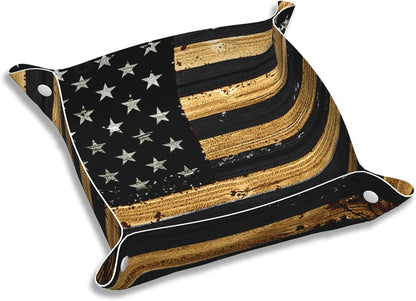 Valet Tray Gifts for Men Husband Boyfriend Boys – Catchall Bedside Vanity Tray, Nightstand Caddy Leather Holder for Keys, Wallet, Coins, Trinkets & Jewelry Wood American Flag 023