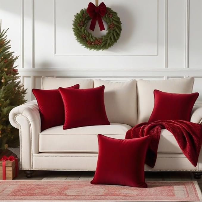 FEVERQIYI 18x18 Velvet Pillow Covers Set of 4 Christmas Red Decorative Square Throw Pillowcase Soft Solid Cushion Covers for Bedroom Living Room Outdoor Indoor Decoration