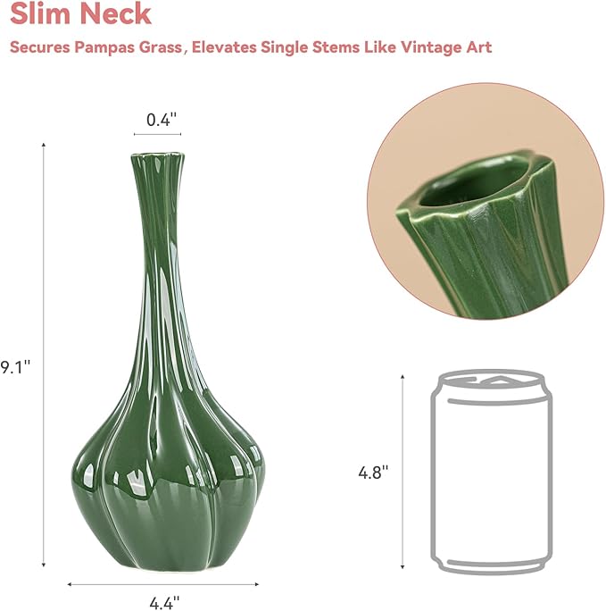 Christmas Decor Emerald Green Ceramic Vase with Fluted Texture - 9.1" Unique Flower Vase for Pampas Grass & Centerpieces, Decorative Boho/Farmhouse Vase for Living Room, Office & Gift for Her/Yourself