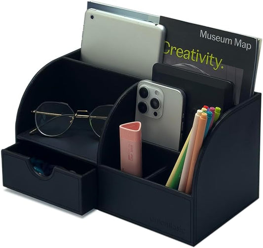 UnionBasic Desk Organizer - Multifunctional Leather Desktop Pen Holder Storage Box - Business Card/Pen/Pencil/Mobile Phone/Stationery Holder, Black Revised