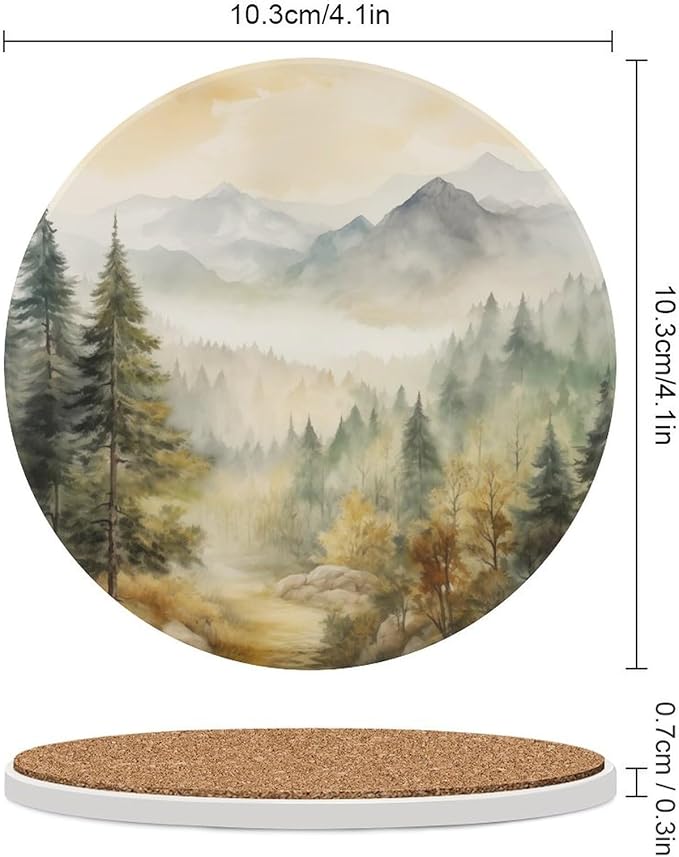 Forest Drink Coasters, Round Ceramic Drink Coaster Round-4PCS, Watercolor Mountain Forest Nature Tree Woodland Decor Absorbent Ceramic Coasters for Beverage Cup, Bar, Coffee Table