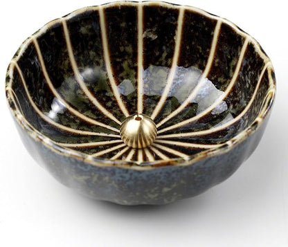 Asayu Japan Lotus Incense Holder for Sticks 4.1 inch (105mm), Traditional Made in Japan Ceramic Ash Catcher and Brass Incense Burner Set - Green Lotus