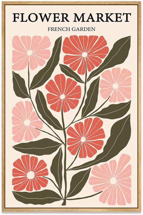 Zzuyi Framed Flower Market Wall Art,Vintage Flower Pictures,Pink Wildflower Botanical Posters Prints Pictures Artwork for Bedroom Living Room 16x24 Inch