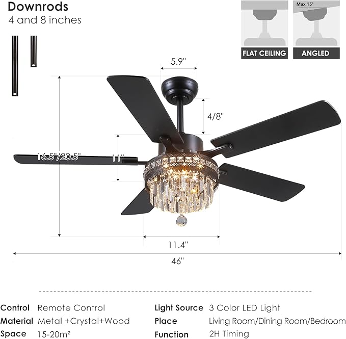 Asyko Crystal Ceiling Fan Fandelier with Lights - 46" Outdoor Fans with Remote Control，Crystal Ceiling Fans Noiseless DC Motor, Retro/Farmhouse Lighting, Dining Room,Living Room