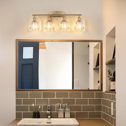 Bathroom Light Fixtures, 4-Light Brass Vanity Wall Light Over Mirror with Clear Tulip Glass Shade for Bedroom Living Room (Bulb Not Included)