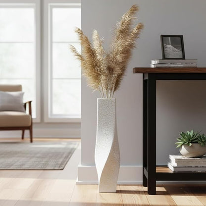 Tall Vases On Floor, 23.62" Twisted Geometric Flower Vase for Home, Living Room, Flower Centerpieces, Shelf, Table, Decor, White Crackle Vase