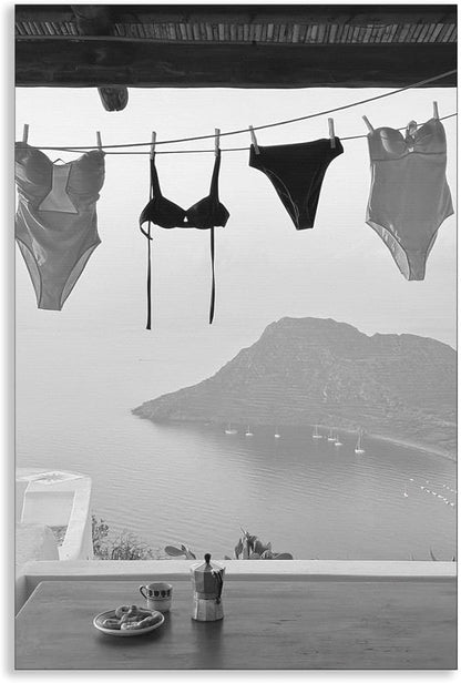 Black and White Photography Canvas Wall Art, Summer Coastal Hanging Bikini Aesthetic Poster, Vintage Trendy Beach Landscape Picture, Museum Photo Art Coastal Print for Bedroom 8x12in Unframed