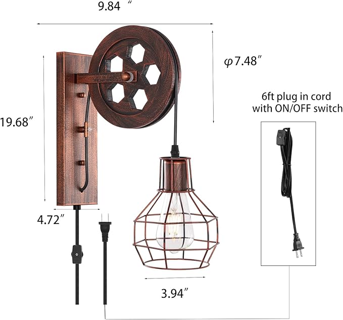 Plug in Wall Sconce Rustic Wall Light Lift Pulley Matte Iron Cage Shade Industrial Mid Century Wall Lamp Indoor Lighting Barn Restaurant Wine Cellar(Rust Color)